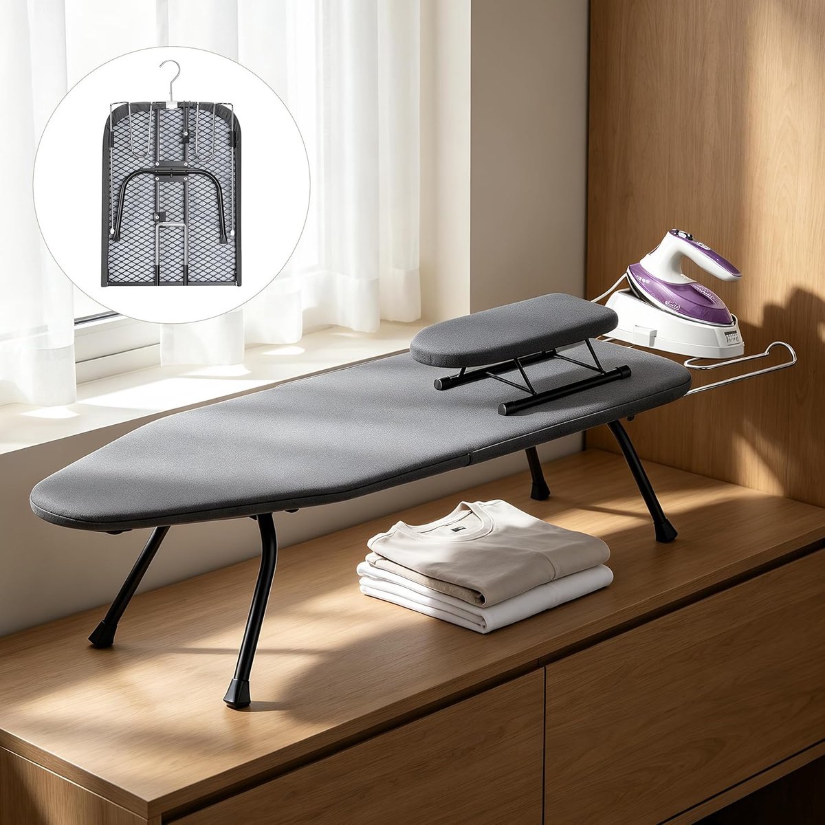 Strijkplank 76 x 31 cm - Vouwbare strijktafel met mini strijkoppervlak - Antislip voeten en haken - SnelShoppen