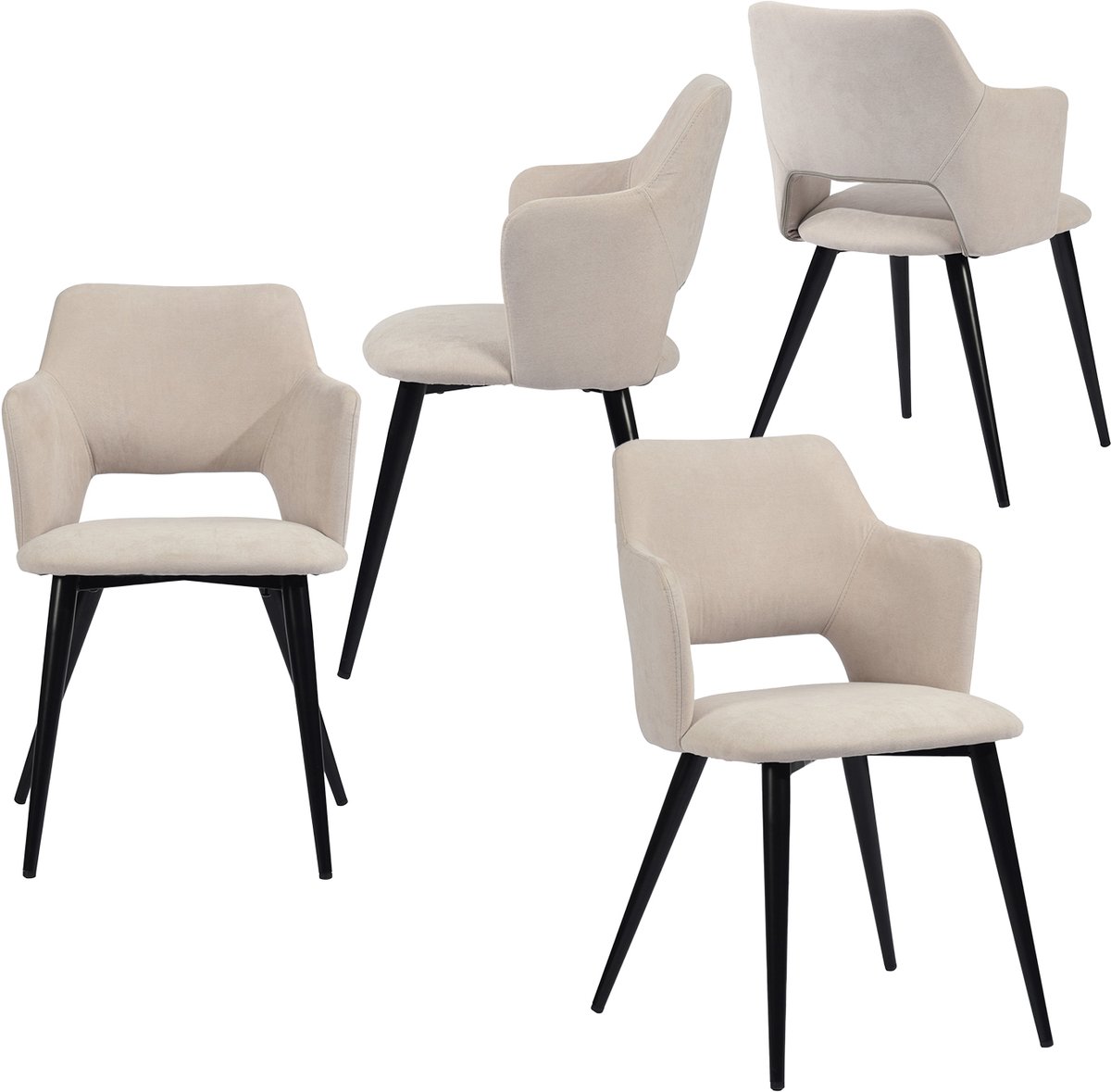 MEUBLE COSY Meubles Cosy Set van 4 eetkamerstoelen - met armleuningen – Lichtbeige – Stoffen zitting – Metalen poten