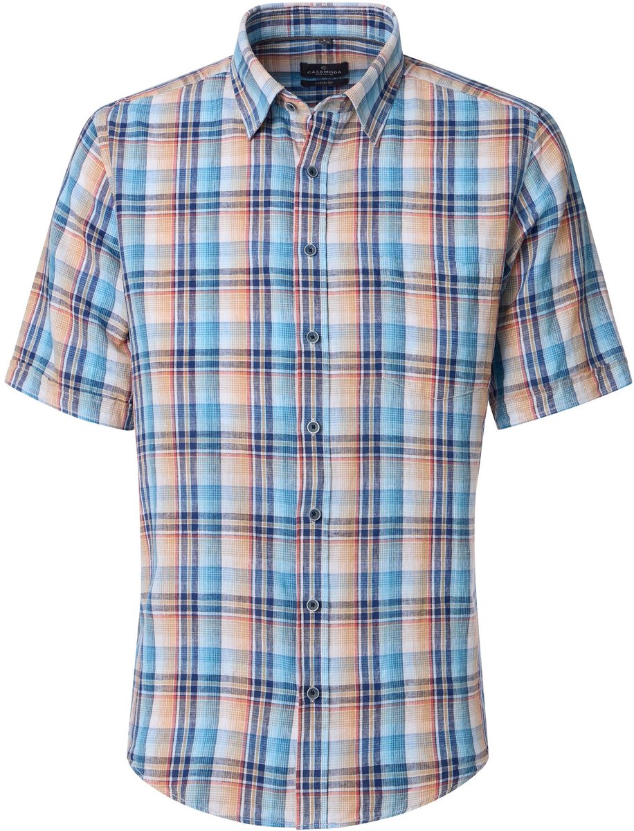 CASA MODA Sport casual fit overhemd - korte mouw - structuur - lichtblauw - wit - oranje - donkerblauw geruit