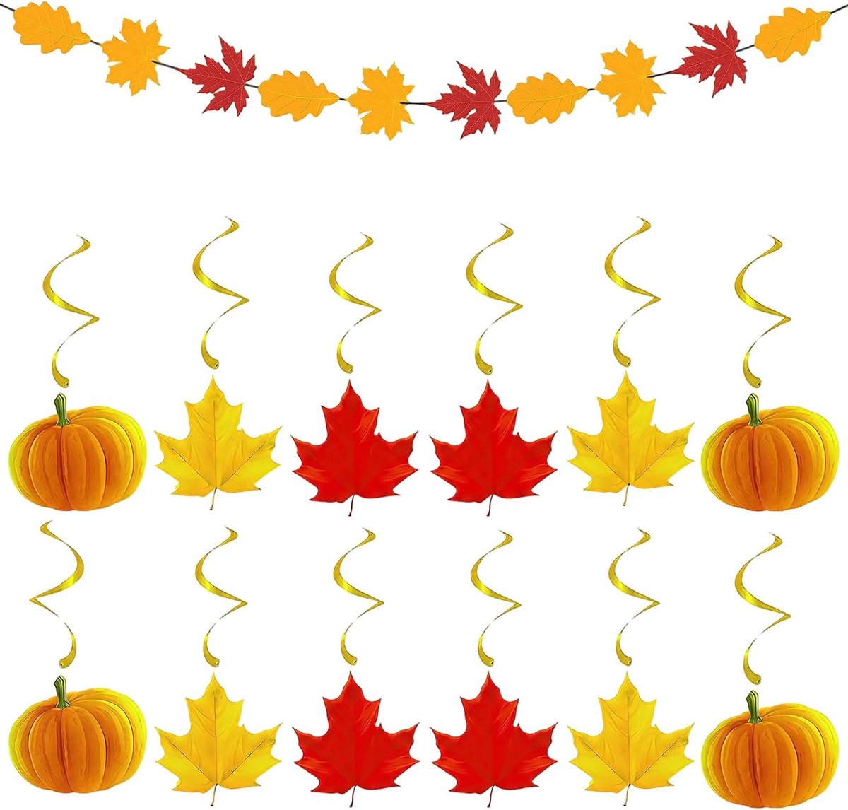 herfstdecoratie 13 stuks - esdoornbladerslinger en spiralen pompoen - voor binnen en buiten - sfeervolle versiering - SnelShoppen