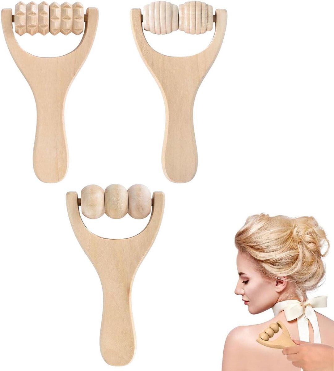 Houten rugspiermassager - Pack van 3 - Handmatige roller - Vermindert pijn en bevordert ontspanning - SnelShoppen