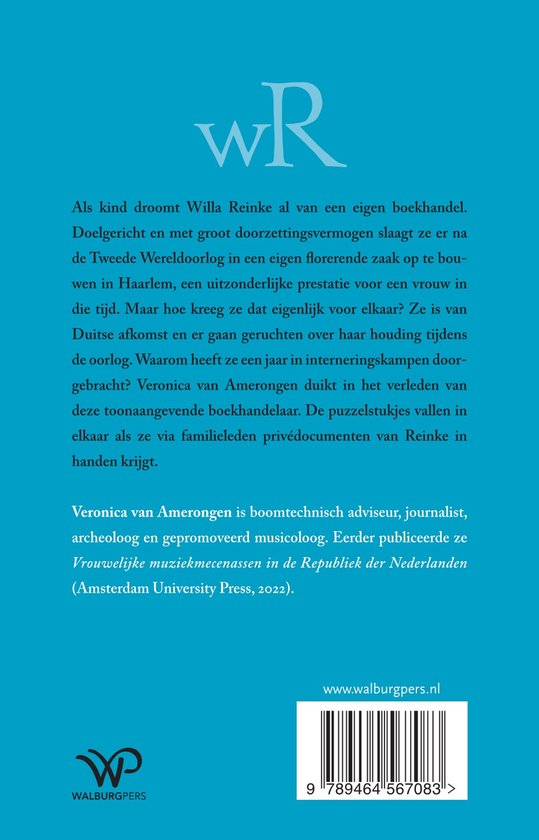 Boekcover met tekst 'Willa Reinke' en een gestileerd logo WR. Titel: 'Als kind droomt Willa Reinke al van een eigen boekhandel.'