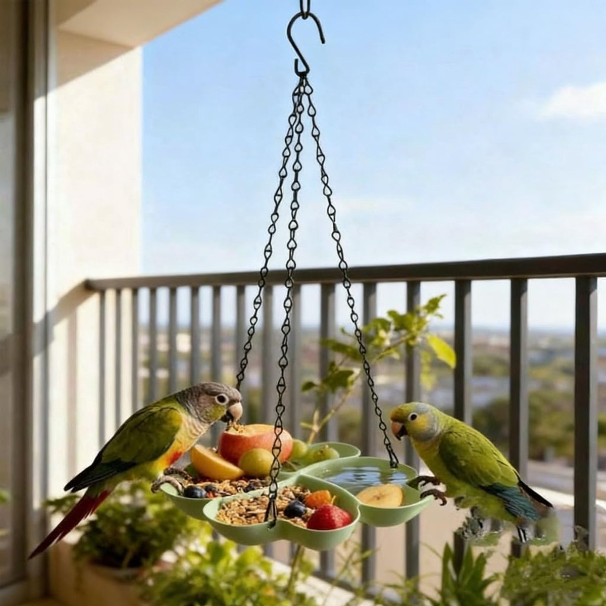 KZQ 4-vaks hangend vogelvoederhuisje in vierklavervorm - Eenvoudig te vullen en weerbestendig - Perfect voor tuin en balkon - Groen