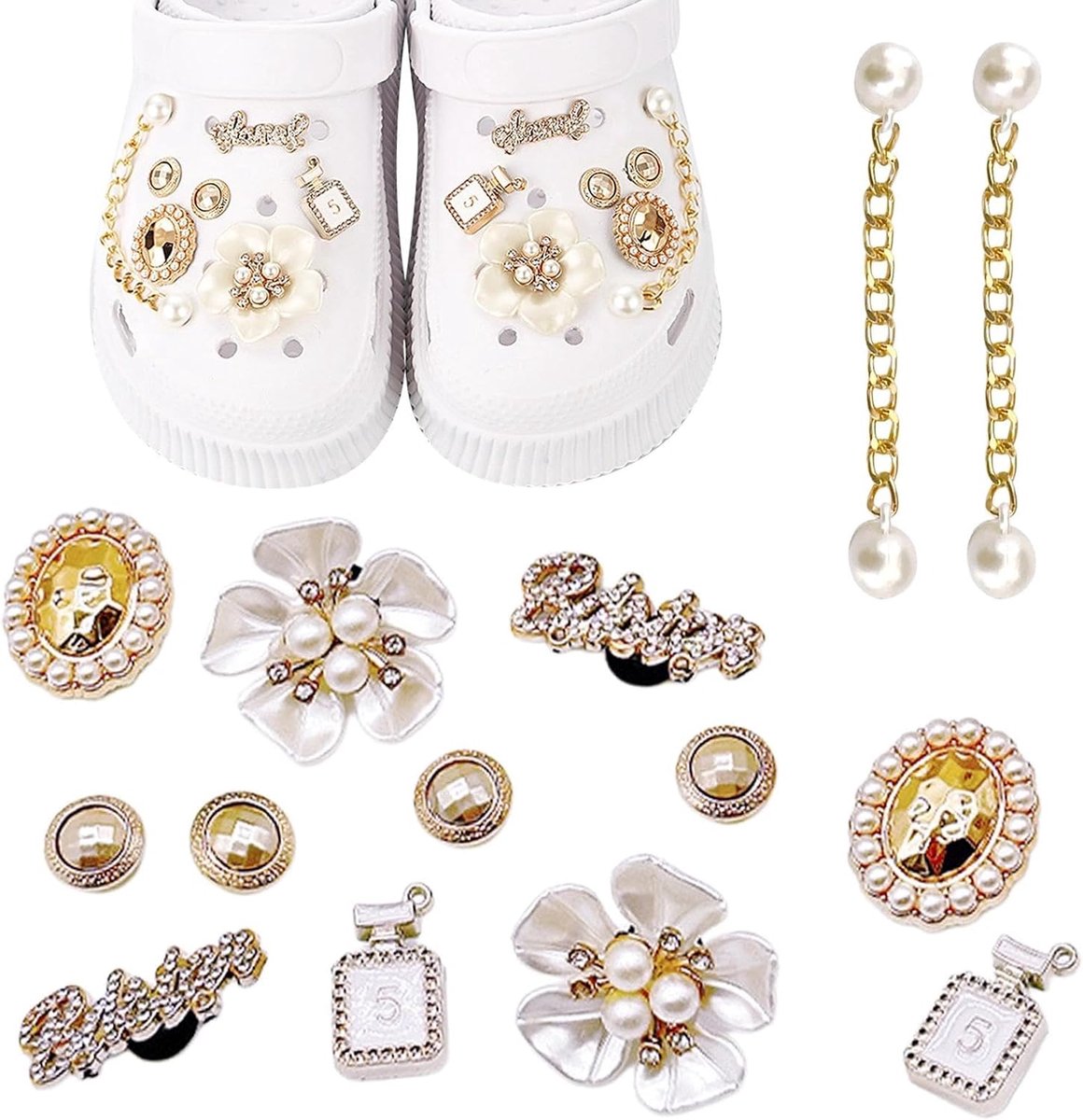 Schoen charms 14 stuks - goud met rhinestones - trendy en kleurrijk - personaliseer je schoenen - SnelShoppen