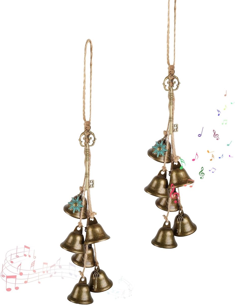 KZQ 2-delige handgemaakte messing bellen met jute touw en sleutelmotief - Decoratieve windgong voor deur en krans - Vintage stijl voor binnen en buiten - Goud