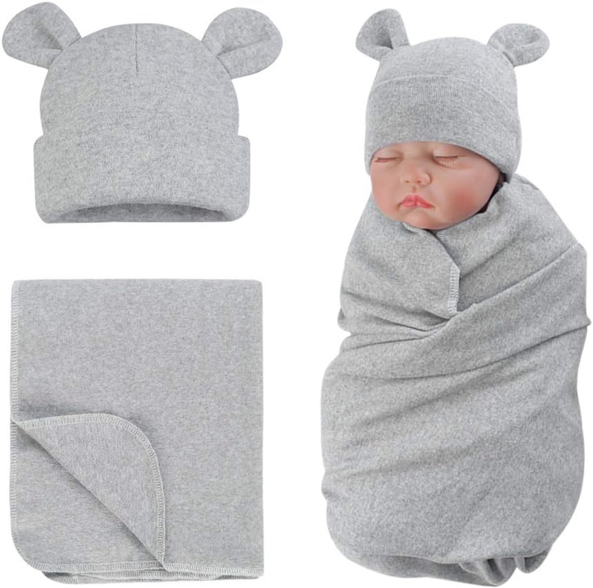 Cotton Puck Dekentje met Baby Muts - Grijs - Schattige Beer - Ideaal voor Baby's - SnelShoppen