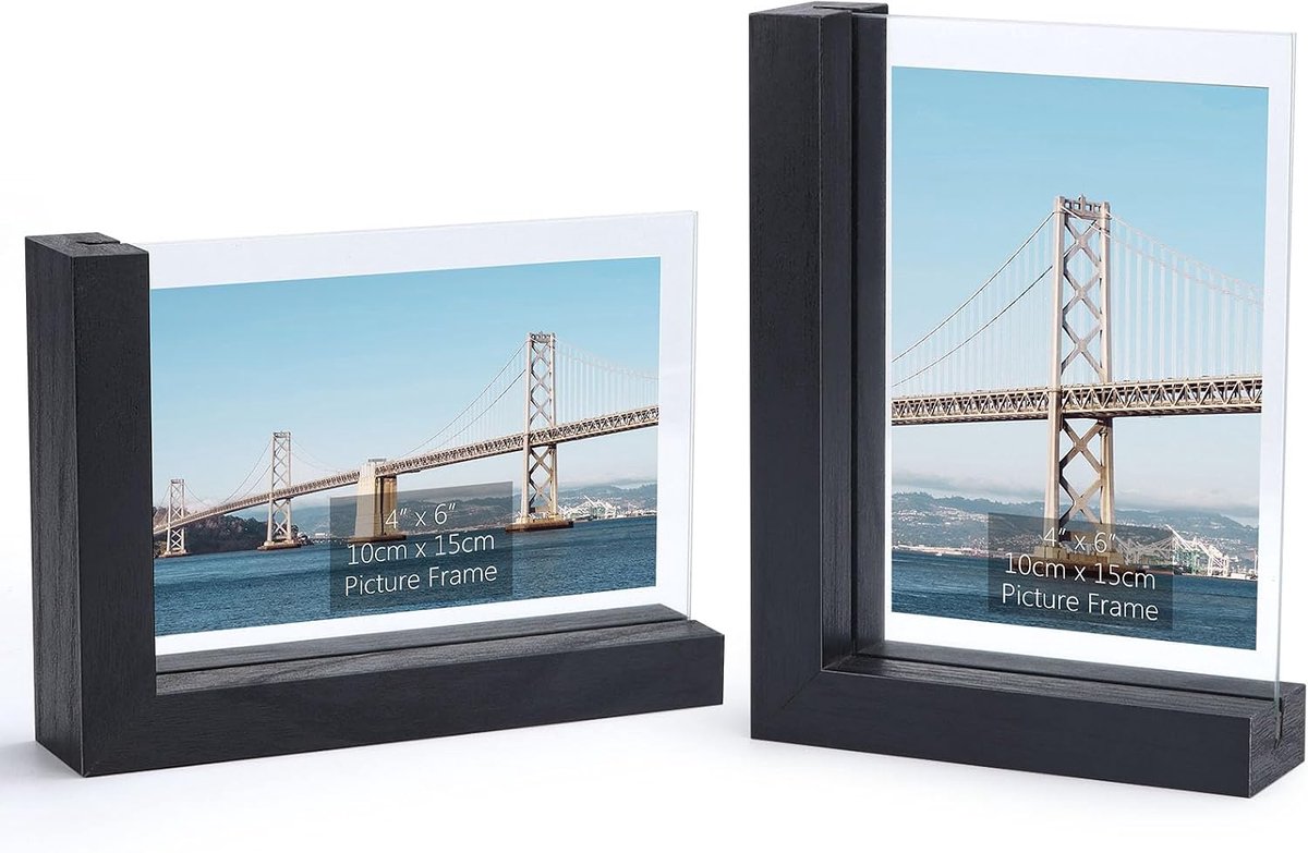 Fotolijsten 10x15 zwart - Houten en glazen fotolijsten - L-vormige display voor tafel - SnelShoppen