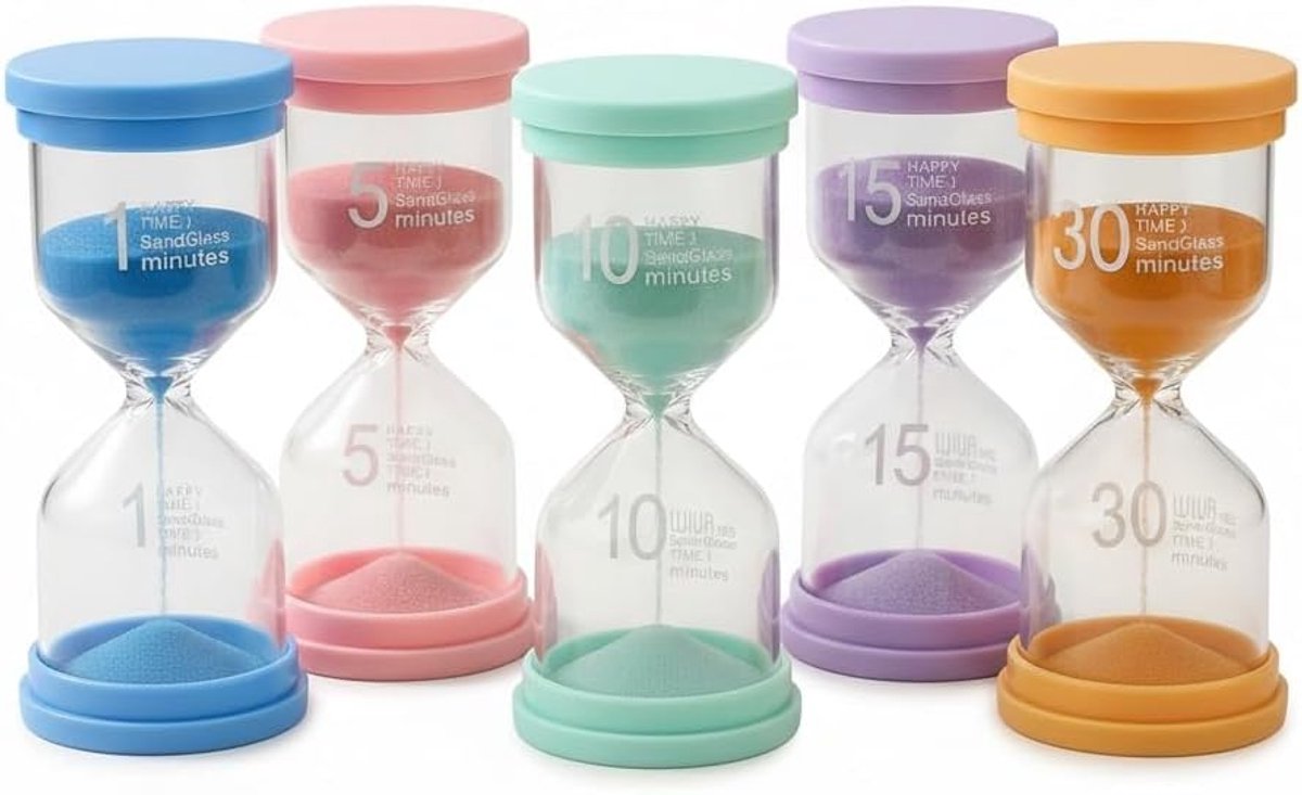 SnelShoppen - Hourglass Set voor Kinderen - 5 Stuks Kleurrijke Zandlopers - 1/5/10/15/20/30 Minuten - Anti-Fall en Leerzaam Speelgoed - Perfecte Cadea
