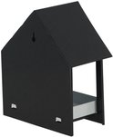 Zwart vogelvoederhuisje in huisvorm van metaal, met een open voorkant en een bakje.