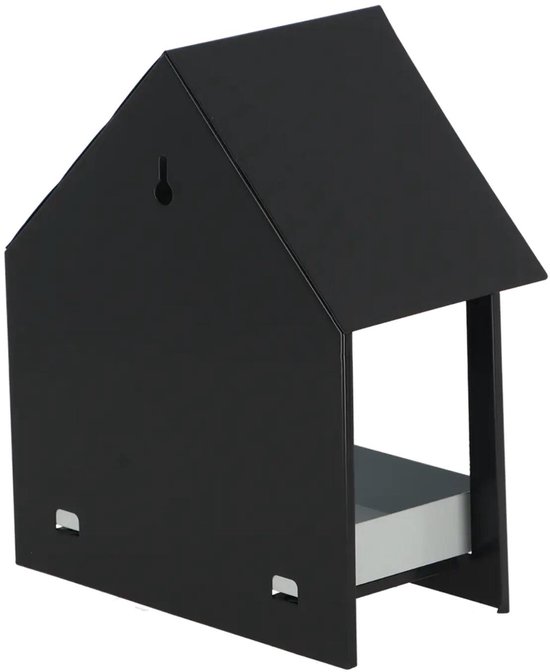Zwart vogelvoederhuisje in huisvorm van metaal, met een open voorkant en een bakje.