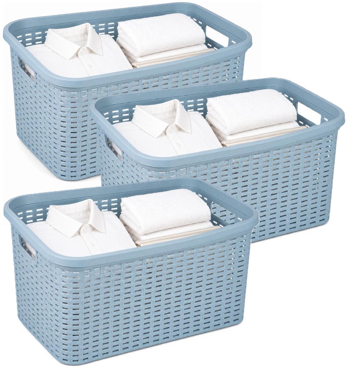 Plasticforte Wasmand - 3x - 35 liter - rotan - blauw - kunststof - 53 x 36 x 26 cm - draagmand - met handvatten - lichtgewicht