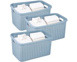 Plasticforte Wasmand - 3x - 35 liter - rotan - blauw - kunststof - 53 x 36 x 26 cm - draagmand - met handvatten - lichtgewicht