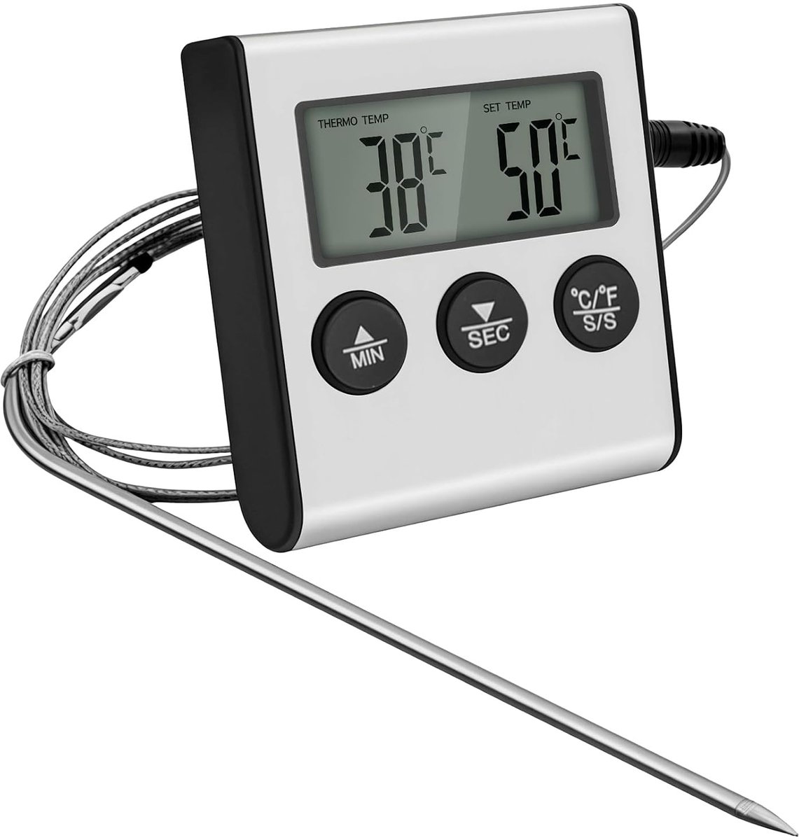 SnelShoppen - Digitale Keukenthermometer met LCD Temperatuursonde, Roestvrij Staal, Timer en Alarm voor Vlees, Oven, Gebak, Barbecue en Rookoven, 1 St