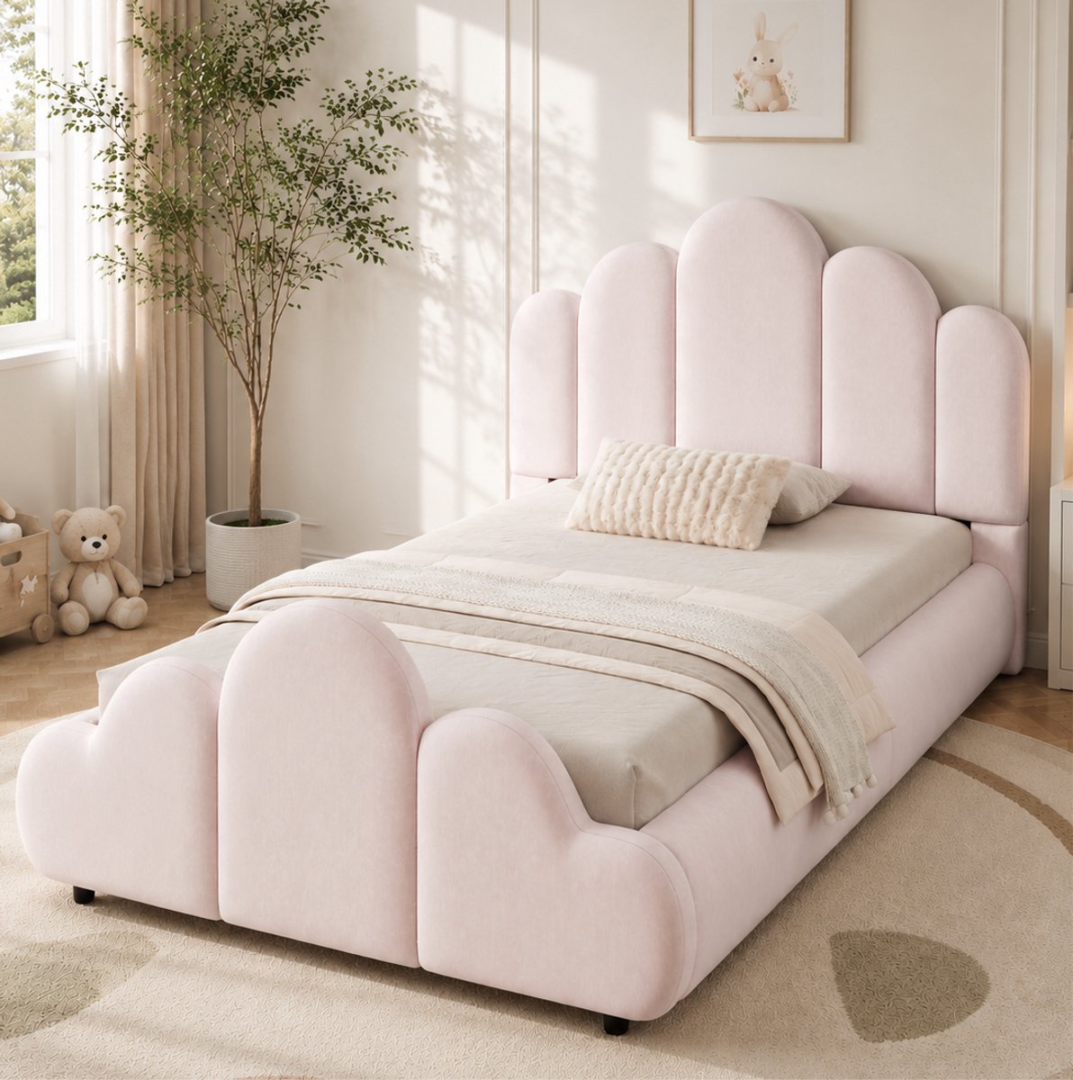 MIVRAY Gestoffeerd Kinderbed 90 x 200 Cm - Eenpersoonsbed Met Lattenbodem Inbegrepen En Gevoerde Hoofdsteun - Wolkdesign - Velvet - Roze
