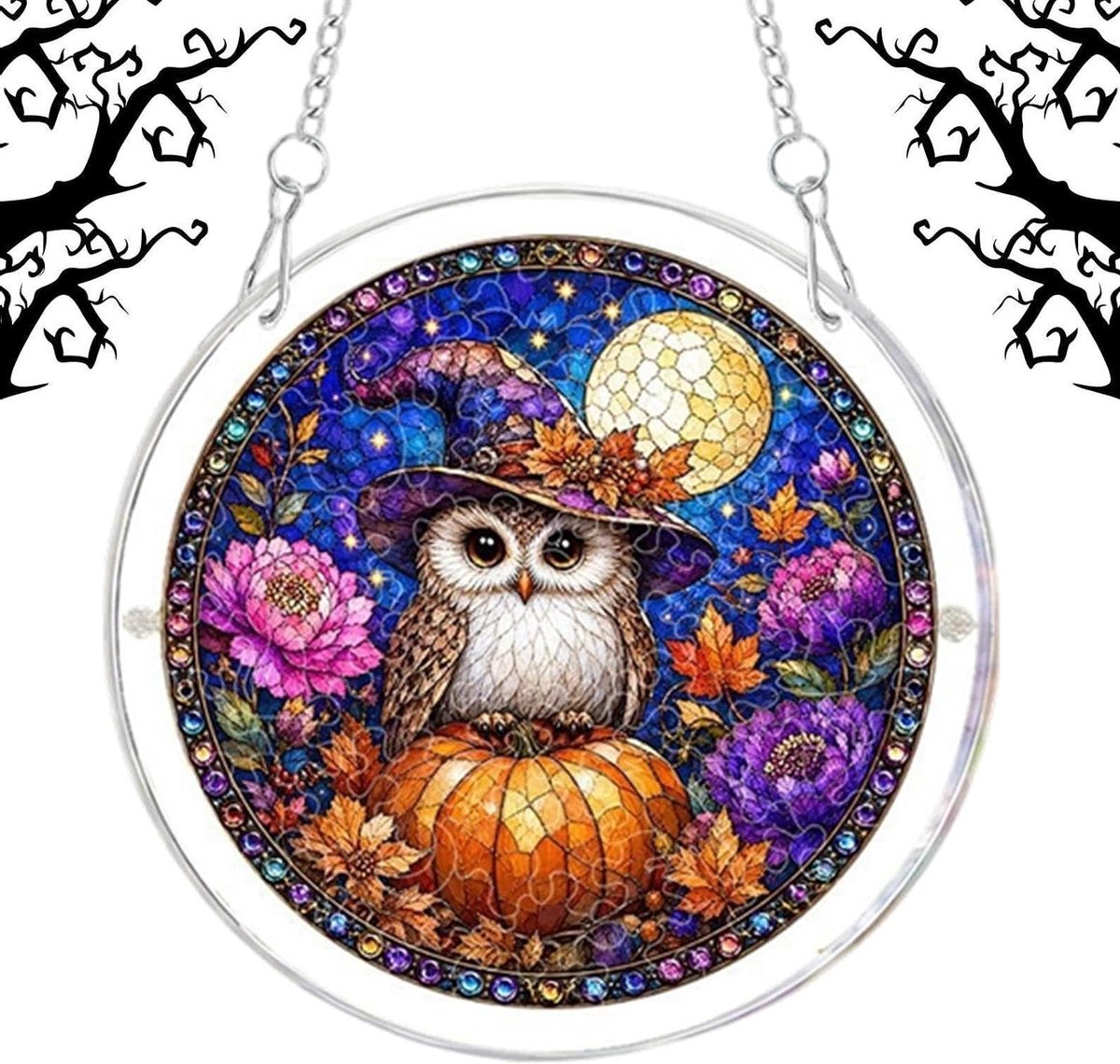 Acryl Puzzel Zonvanger - Raamdecoratie Uil Pompoen - Halloween Versieren - DIY Montage Zonder Lijm - 20x20 cm - Multicolor