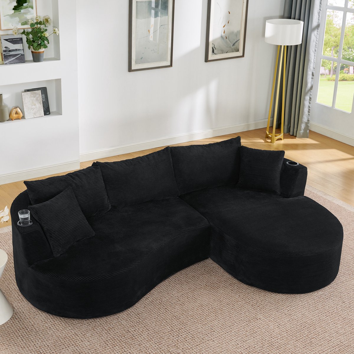 MEUNIQ 3-zits hoekbank met rechter chaise longue, gebogen design, zachte corduroystof, kussens en bekerhouders, voor woonkamer, hotel, appartement of kantoor, zwart