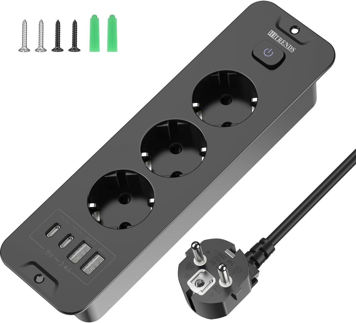 Verlengsnoer met 3 aansluitingen - 2 USB-A en 2 USB-C - ingebouwde schakelaar - perfect voor opladen - ShopVlot