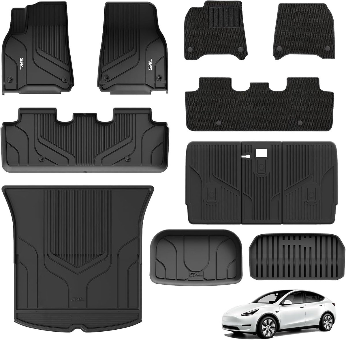 Vloermatten Tesla Model Y 2020-2024 - Volledige set van 9 stukken - TPE en moquette overlay - ShopVlot