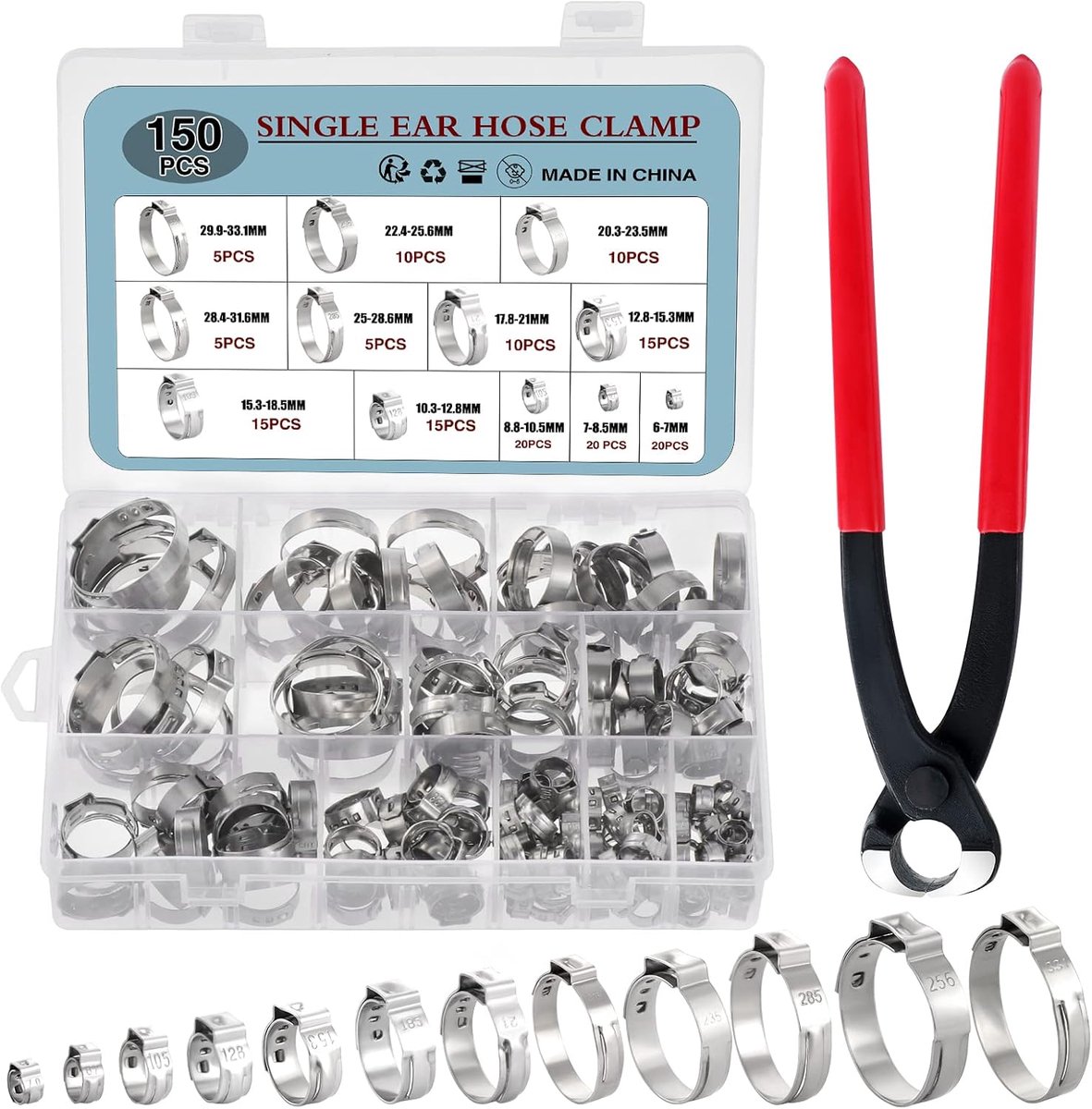 Hose clamps 150pcs - 304 roestvrij staal - 12 maten 6-33mm - duurzame en corrosiebestendige bevestiging - ShopVlot
