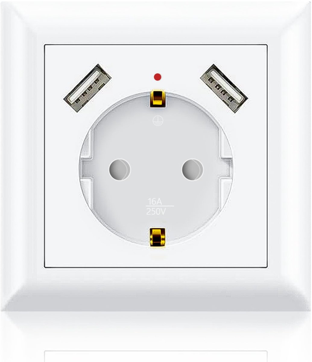 Wandcontactdoos met 2 x USB - Wit - Aarde met kortsluitbeveiliging - Opladen van 3 apparaten tegelijk - ShopVlot