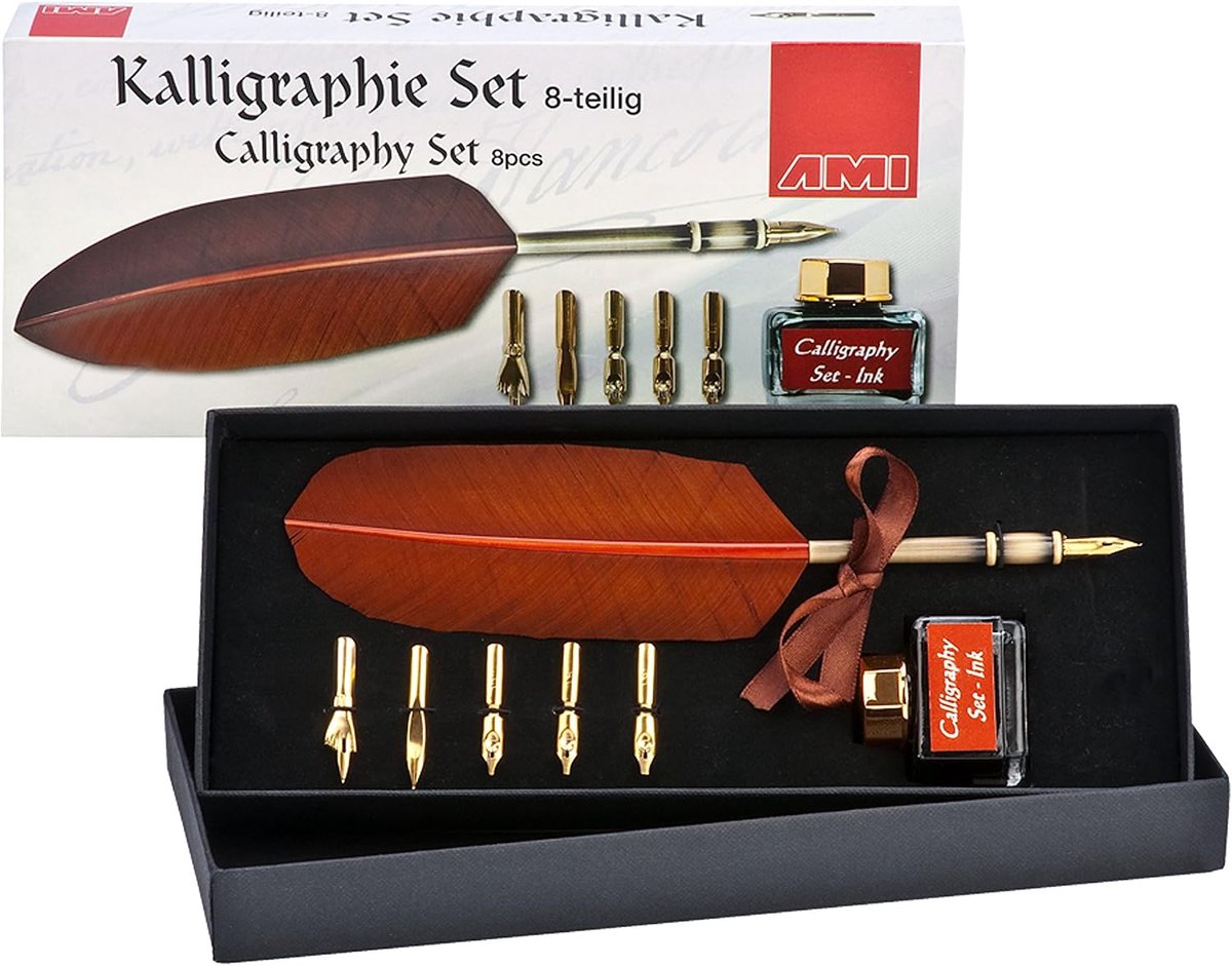 Calligraphy set 8-delig - met echte veer - 6 pennen en houder - creatief schrijven - ShopVlot
