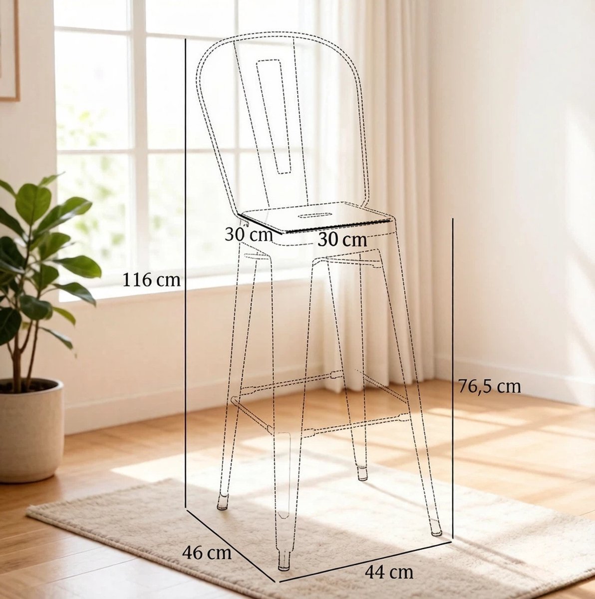 FloraGrace Barkruk Set Van 4 - Stapelbaar Met Rugleuning En Voetsteun - Industrieel Design Voor Keukenbar Of Café - Metaal - Zwart