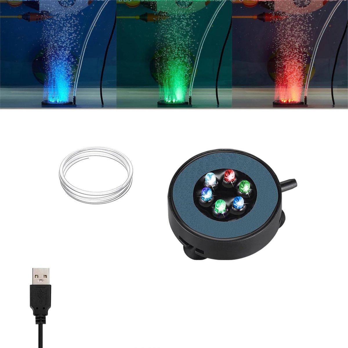 KZQ 10 cm LED luchtbelsteen met 6 kleurenwisselende LED's - Automatisch kleurveranderend voor aquarium - Met 1 meter luchtslang - Geschikt voor zuurstof en decoratie - Multicolor