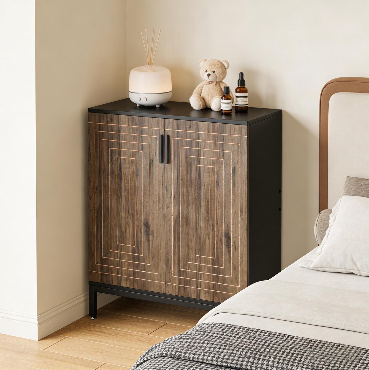 Schoenenkast - Freestanding Met 2 Deuren En 5 Planken - Voor Hal En Slaapkamer - MDF En Metaal - 80x38x95 Cm - Zwart En Lichtbruin