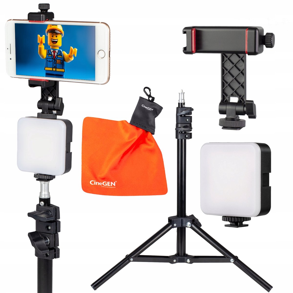 Studiostatief 100cm met LED lamp, telefoonhouder & doekje