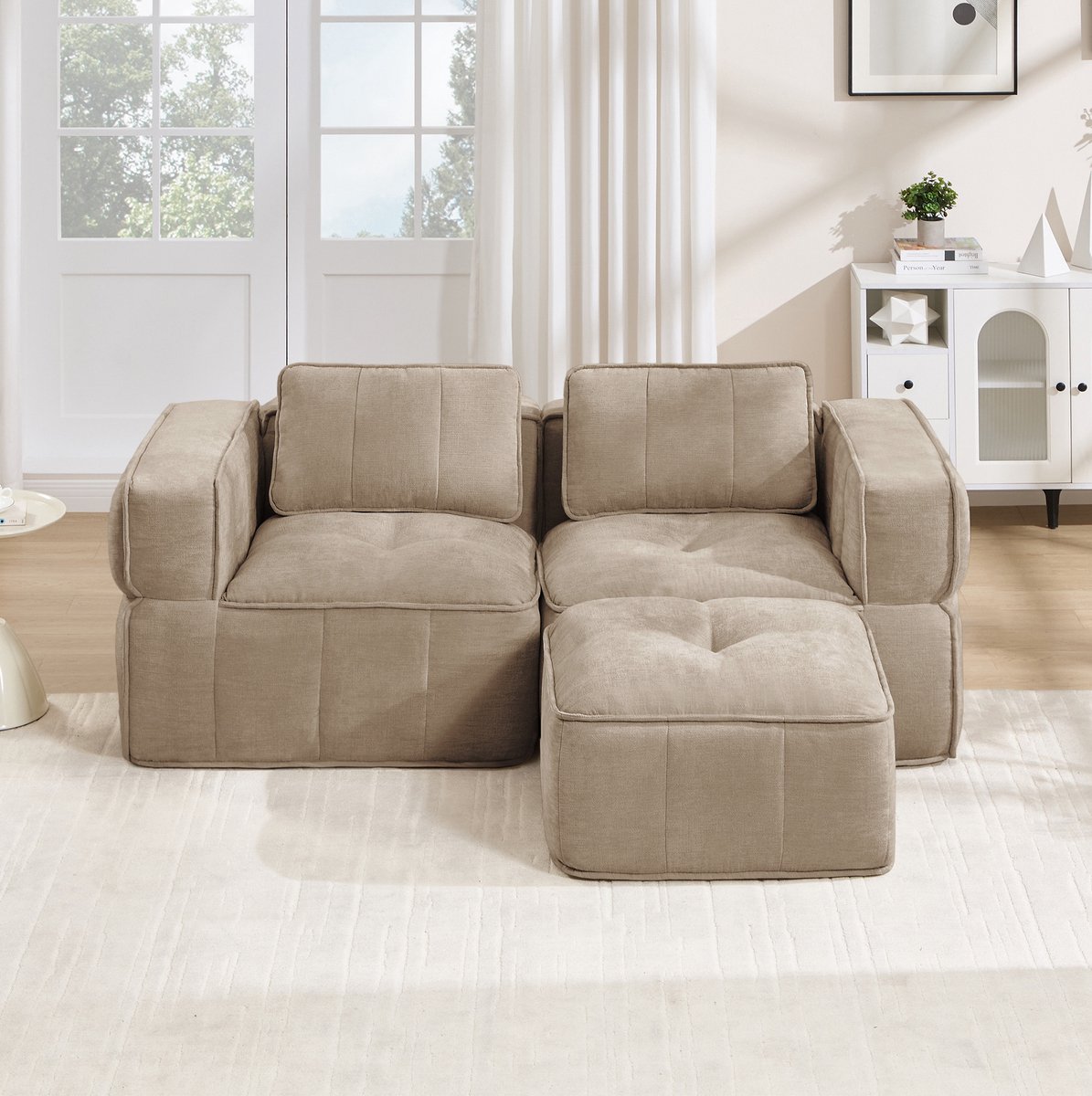 OKWISH Hoekbank 198 x 162 cm - 2-Zits Modulaire L-Vormige Bank Met Hocker, 32D Schuim En Diepe Zitting - Woonkamer - Polyester - Sand