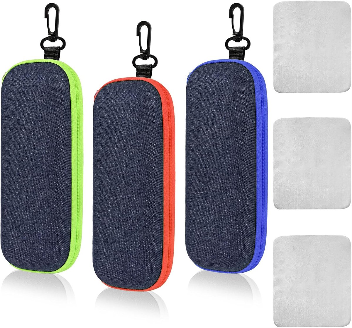 Zonnebril etui 3-delig - denim - met rits en karabijnhaak - ideaal voor reizen - SnelShoppen