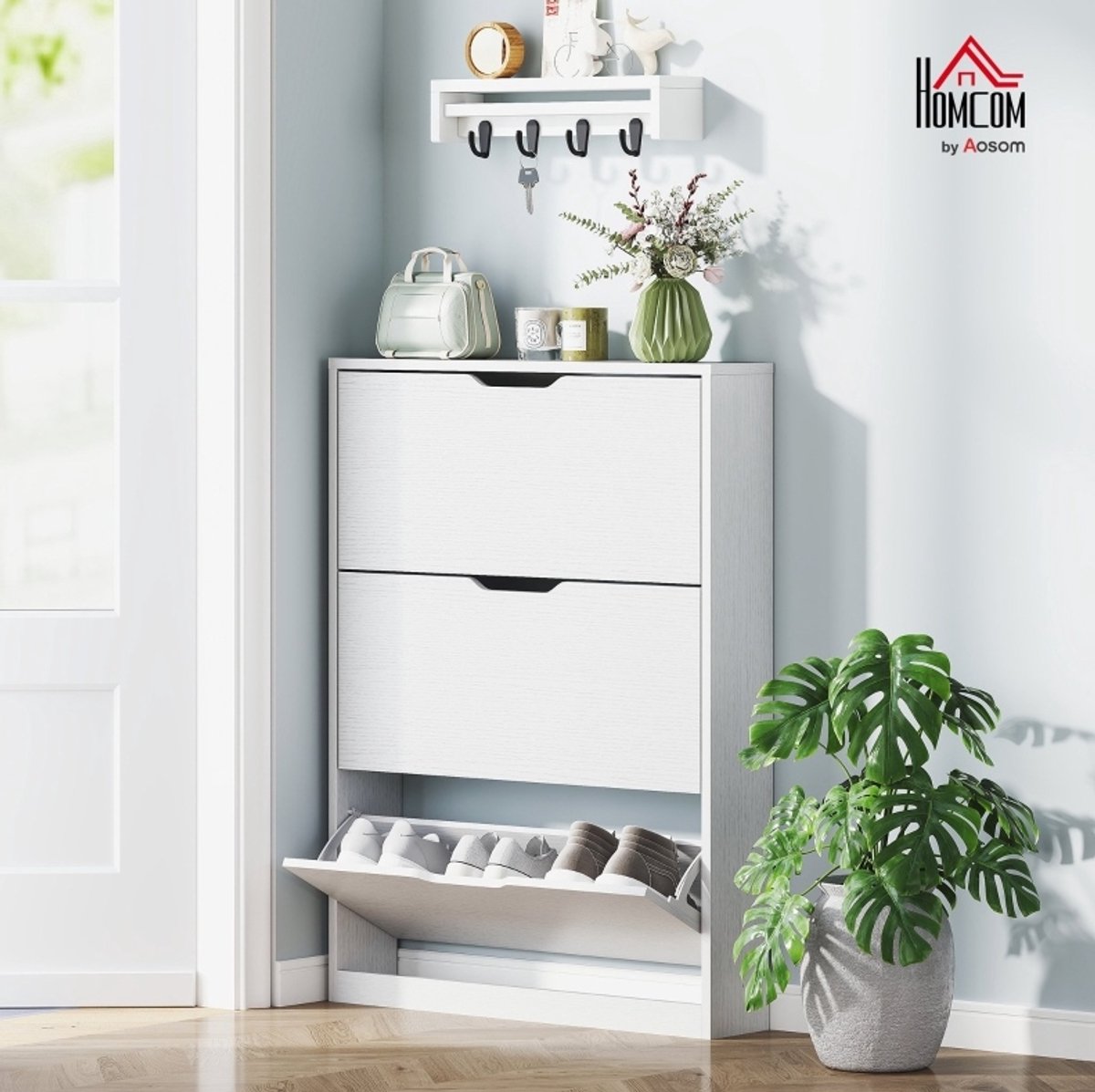Schoenenkast - Smal Staand Model Met 3 Kleppen Voor 12 Paar Schoenen - Ruimtebesparend Voor Hal En Gang - Spaanplaat - Wit - 80x17x108 Cm