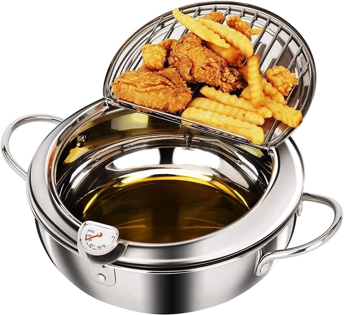 Friteuse met Thermometer - Oliepan Frituurpan - Thuis Frituren - Temperatuur Gecontroleerd - 20 cm - Zilver