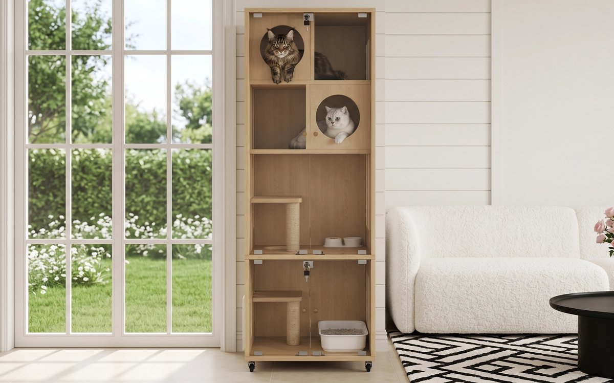 Kattengehege Met Slot En Kattenluik 60 X 50 X 156 Cm MDF Glas Naturel Met Wielen Voor Binnen En Chinchilla