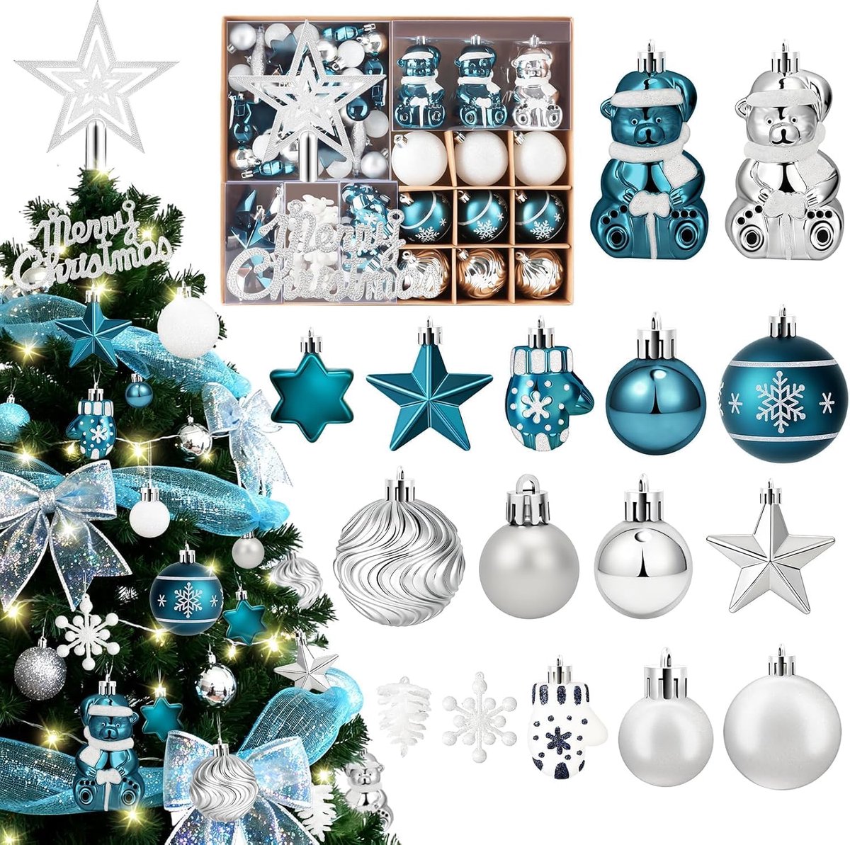 Kerstballen set van 70 - kunststof - met ledlicht - feestelijke kerstversiering voor binnen en buiten - SnelShoppen