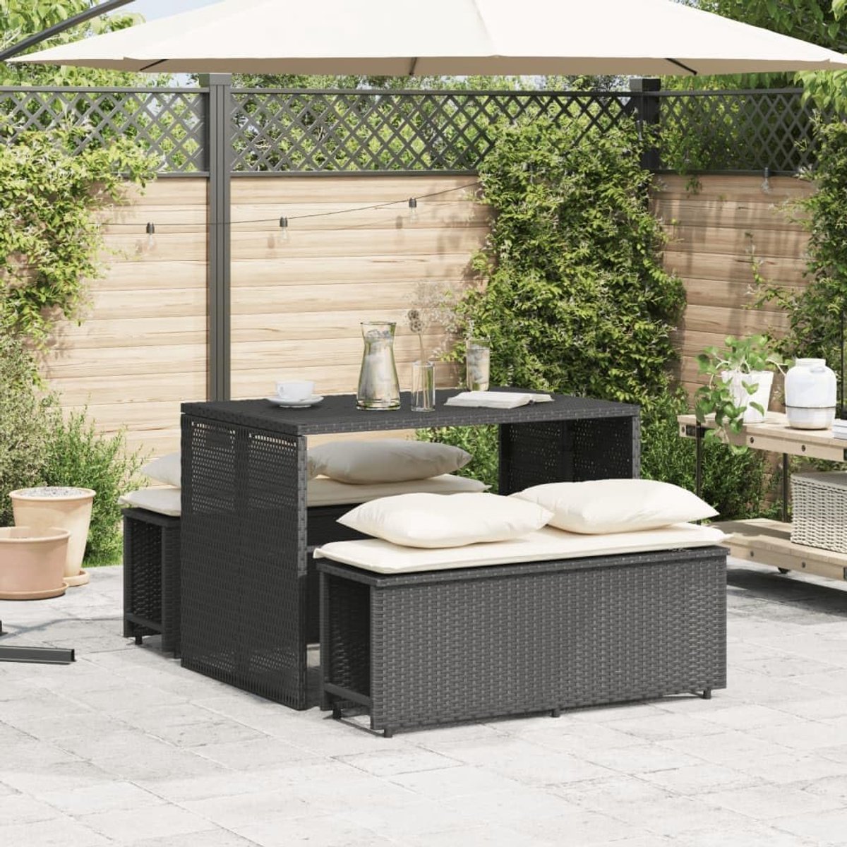 Tuin Eetgroep - Balkonmeubel Terrasmeubel - Buiten Eten - Met Kussens - 116 cm - Zwart