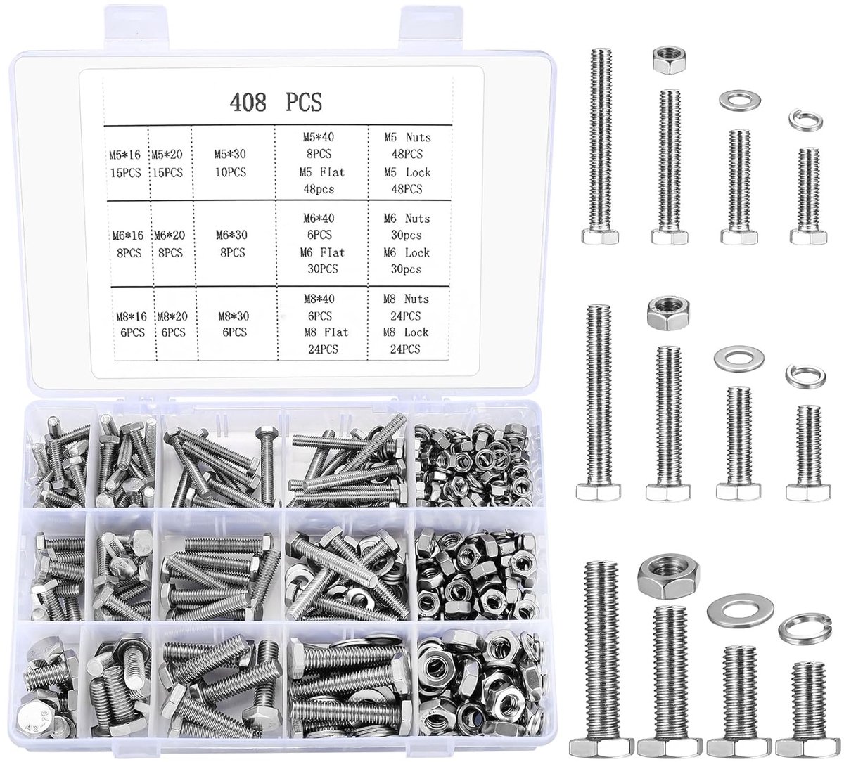 Hex kop schroeven en moeren set 408 stuks - M5 M6 M8 RVS - met wasmachines - duurzaam en corrosiebestendig - SnelShoppen