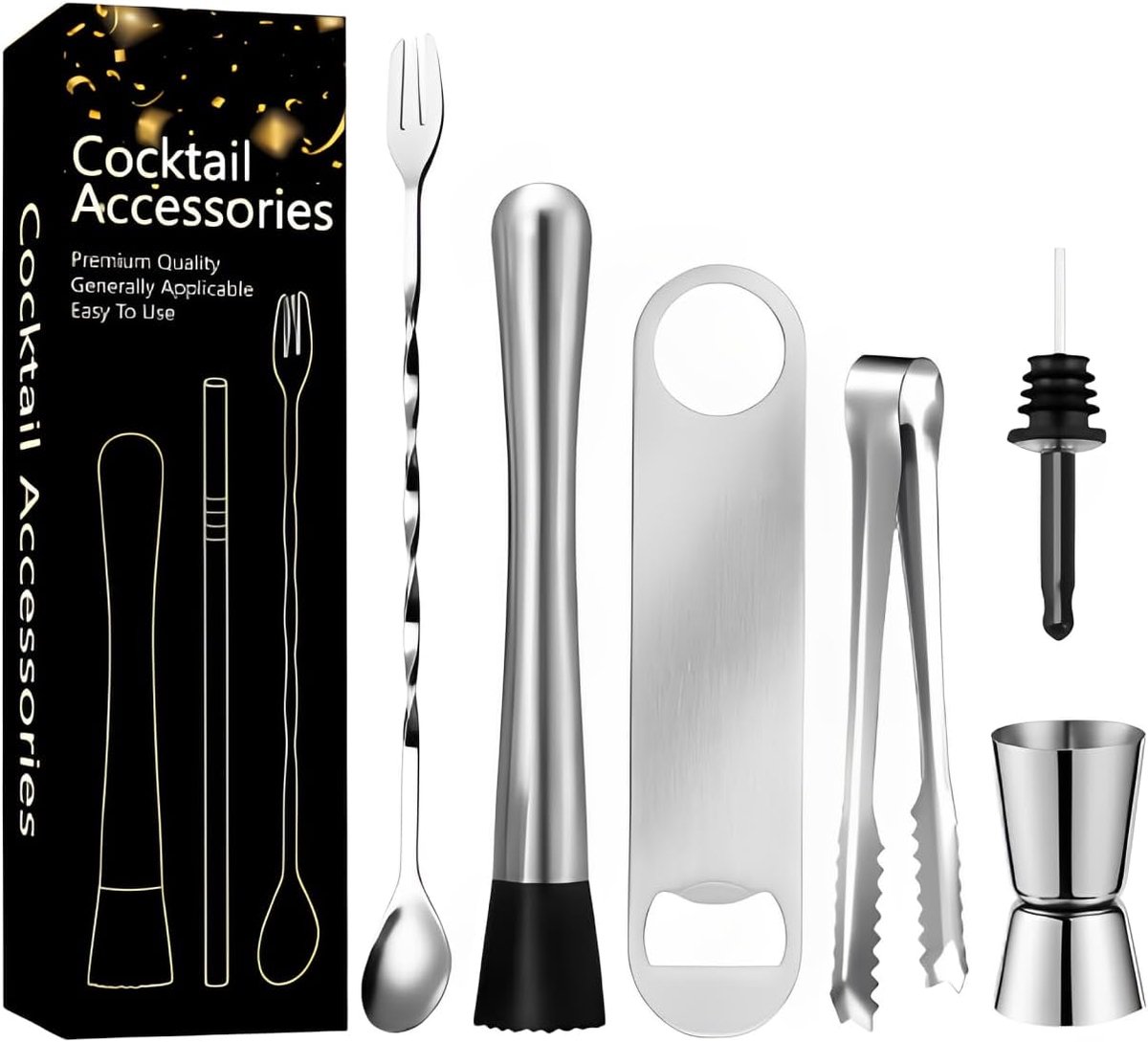 Cocktailset 6 delig - Professionele cocktailtools - Inclusief jigger, barlepel en tongs - SnelShoppen