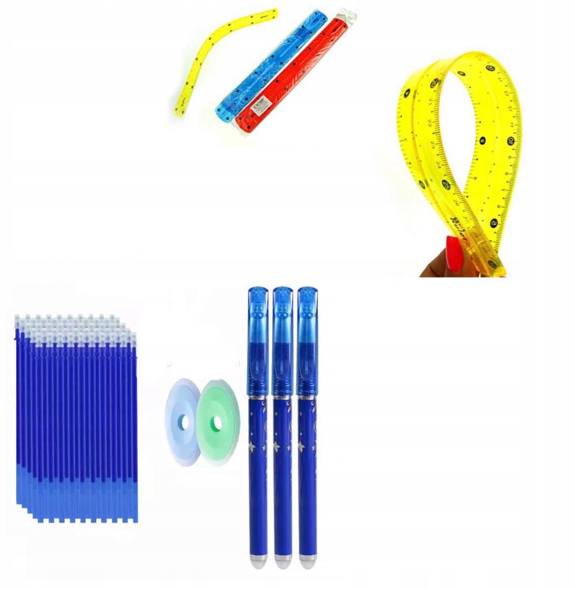 Uitwisbare Pen Set met Blauwe Vullingen, Liniaal & Gum