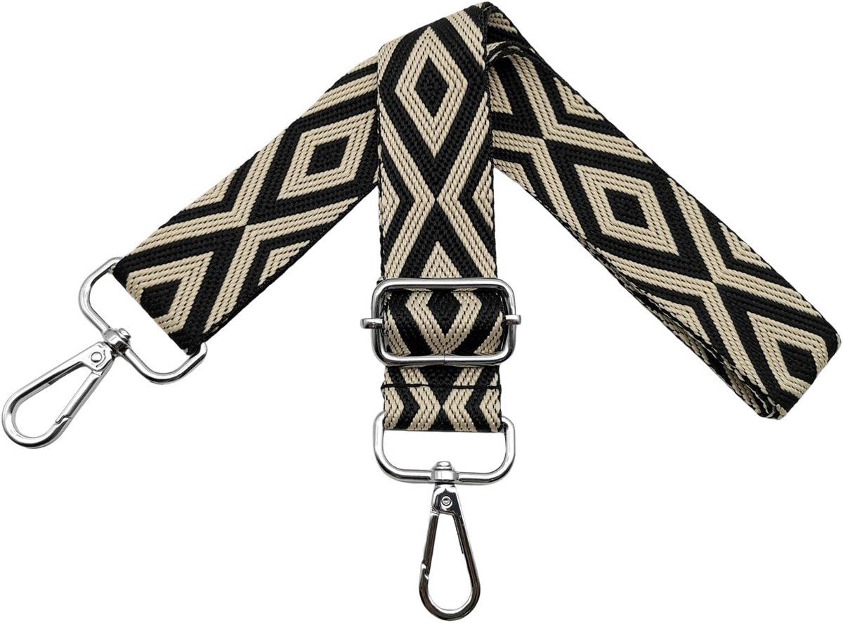 Schouderband verstelbaar 3.8 cm - Beige/zwart - Met zilveren karabijnhaak - Ideaal voor crossbody tas - ShopVlot