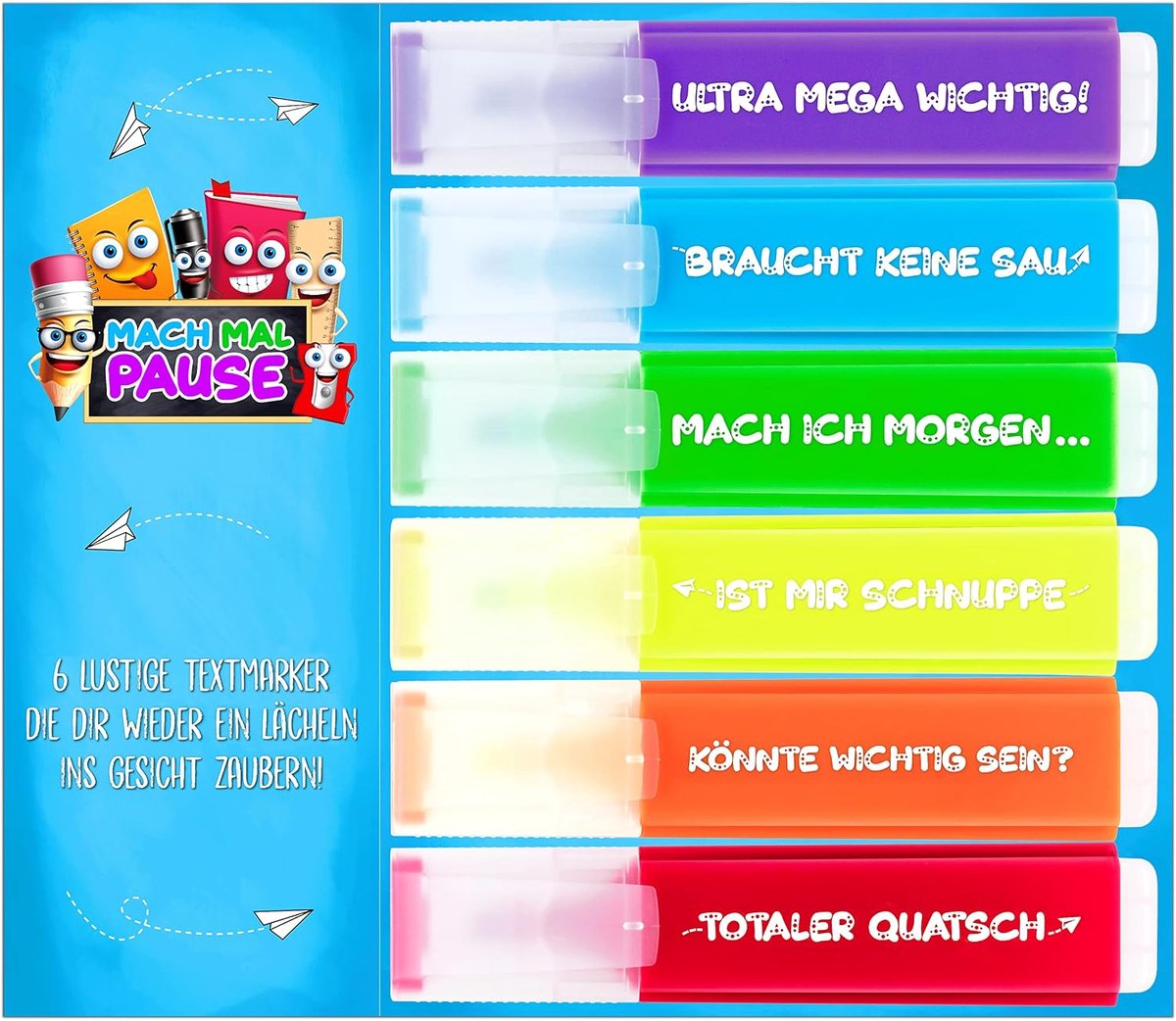 Markeerstiften 6 x grappig - kleurrijke markeerset - perfect voor studenten - leer en markeer met plezier - ShopVlot