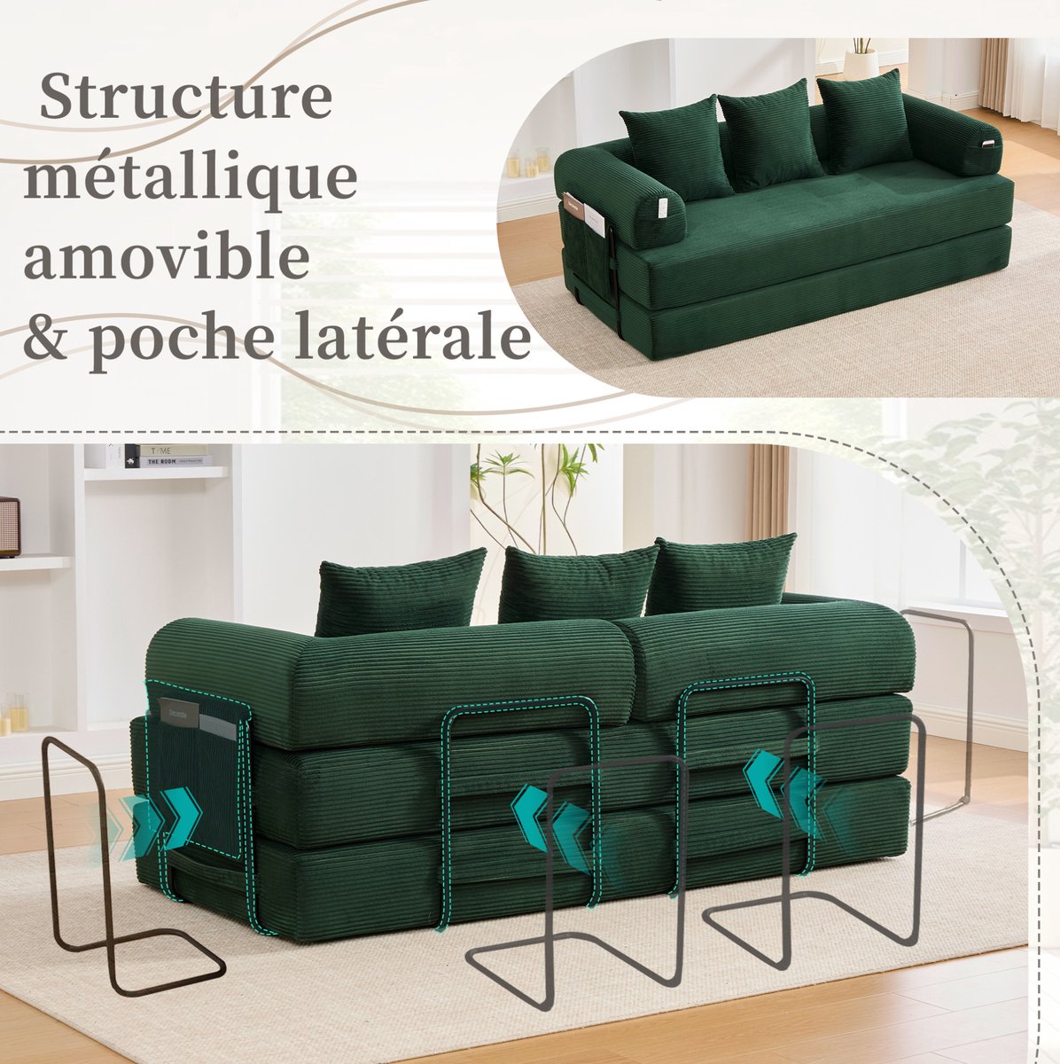 OKWISH Modulaire Bank 3-Zits 200 Cm - Vrij Indelen Met Zijvak En 3 Kussens - Voor Woonkamer En Kleine Ruimtes - Corduroy - Emerald