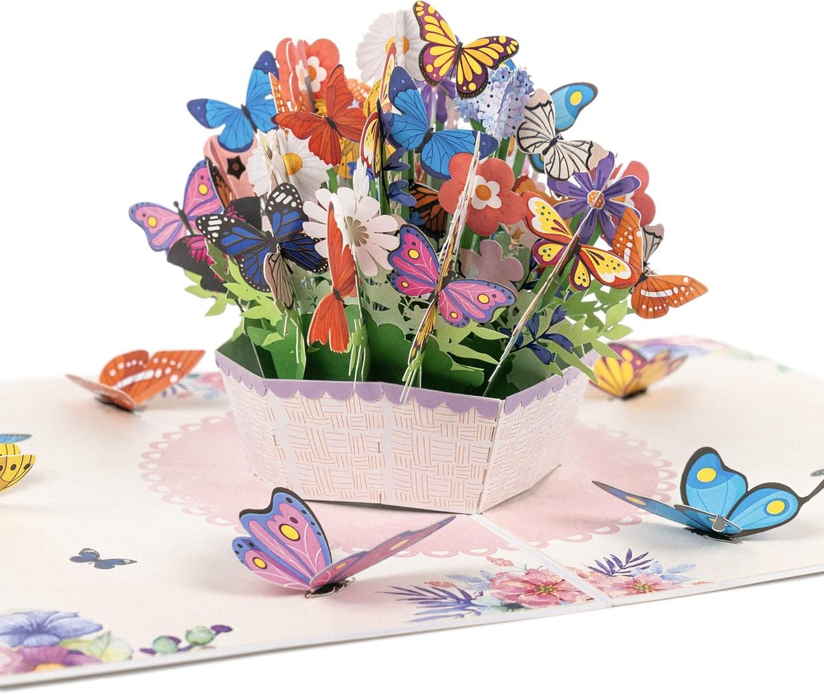 Pop-Up 3D verjaardagskaart - bloemenmand met 3D vlinders - handgemaakt - perfect voor vrouw of moeder - ShopVlot