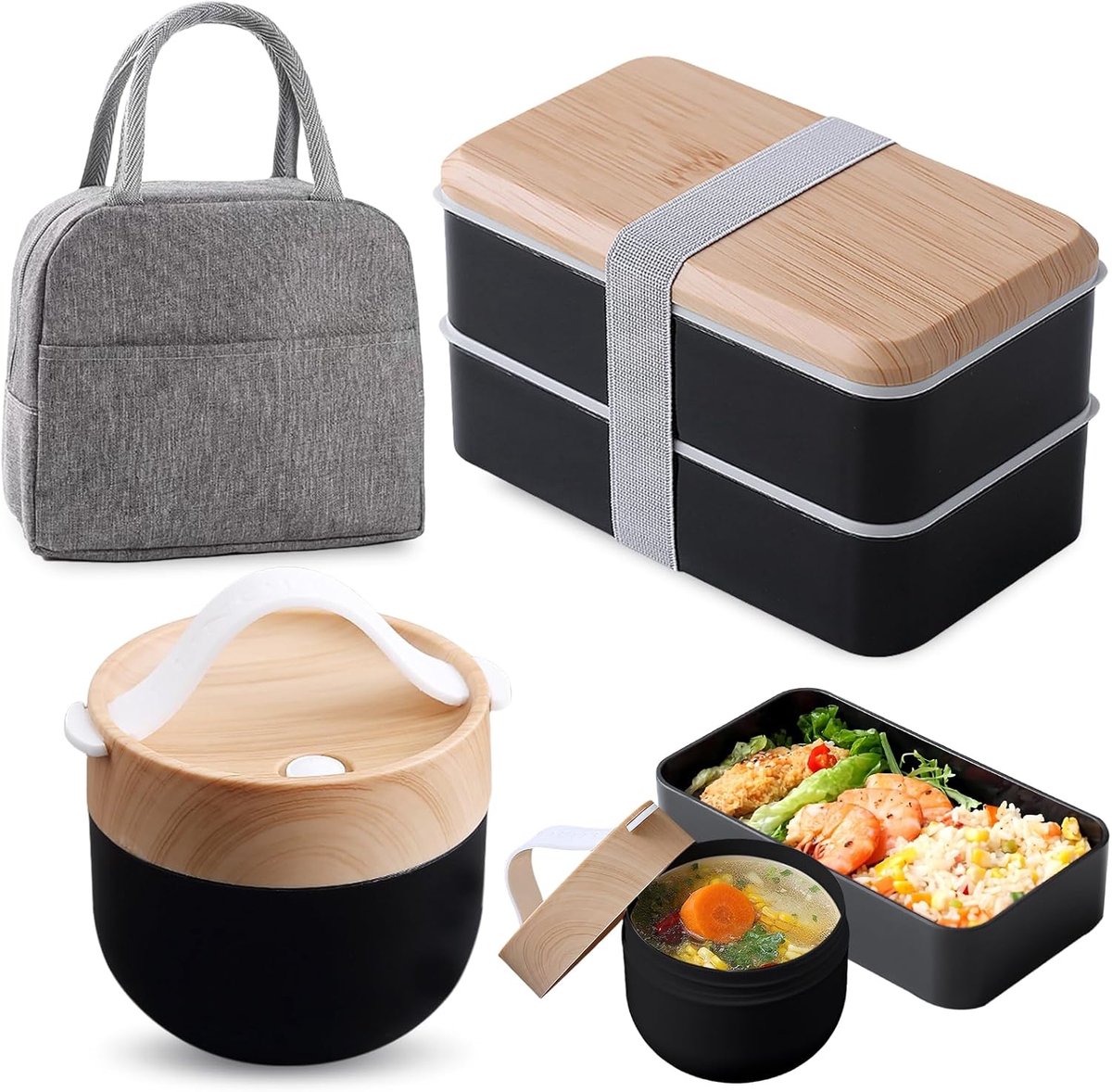 Bento Box 1400ml - Japanse lunchbox met soepkom - Geïsoleerde tas - Lekvrij en stapelbaar - SnelShoppen