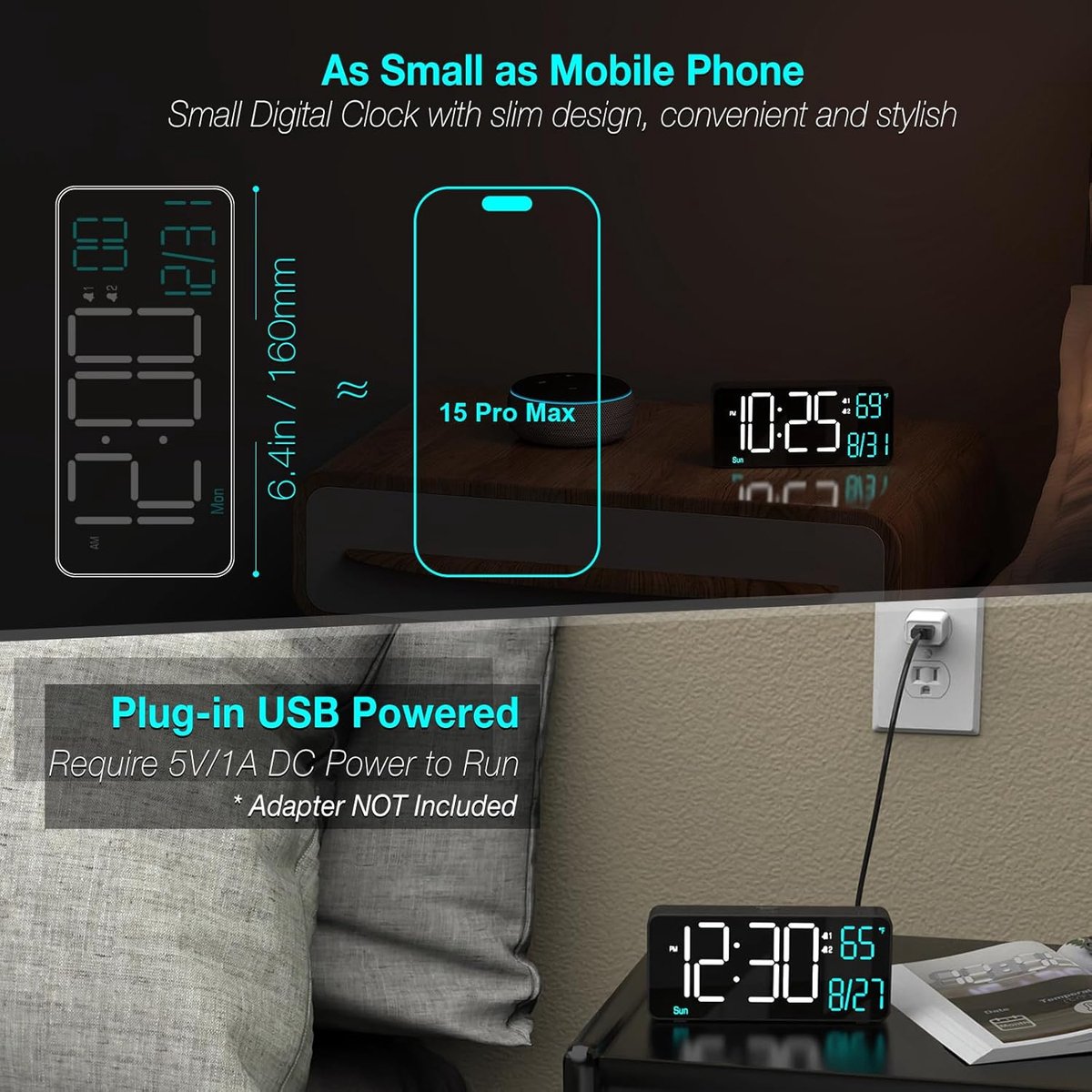 Digitale wekker 6,7 inch - Multifunctioneel display - Automatische dimming - Perfect voor slaapkamer - SnelShoppen