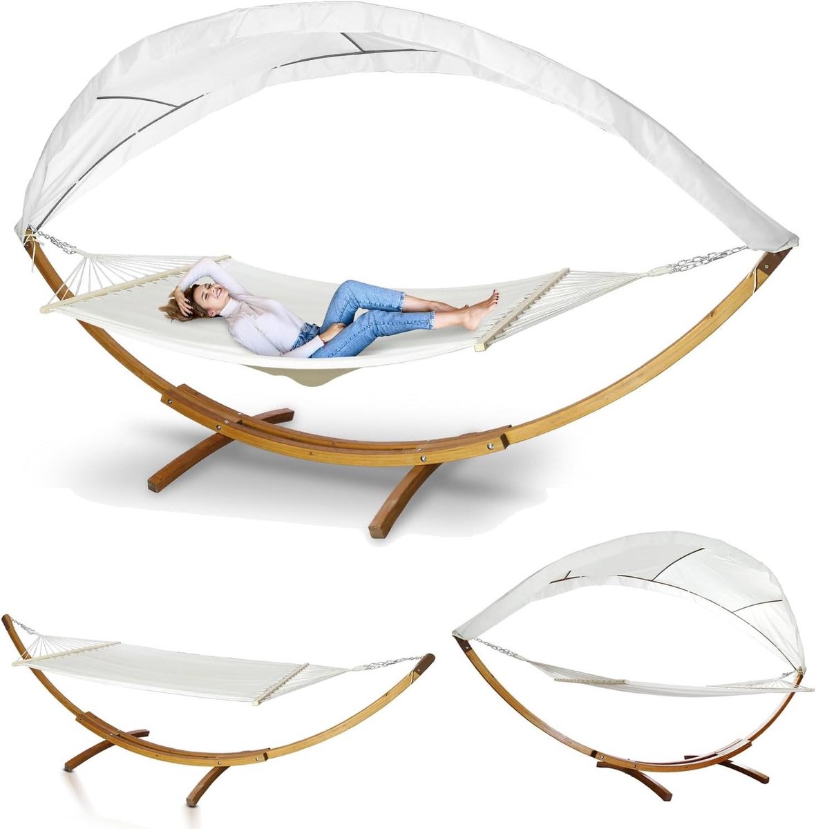 Hangmat met Houten Frame - Dubbele Hangmat - Ontspannen in de Tuin - Inclusief Afneembaar Zonnedak