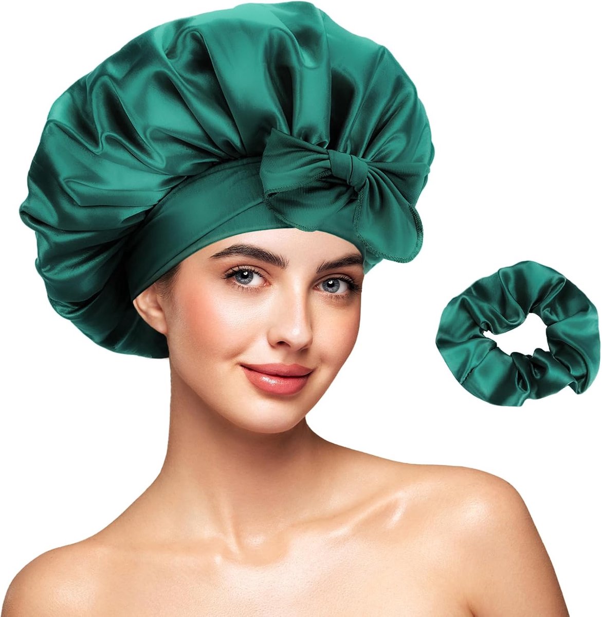 Satin slaapmuts set met scrunchies - dubbele zijde & dubbele laag - extra grote muts voor krullen - SnelShoppen