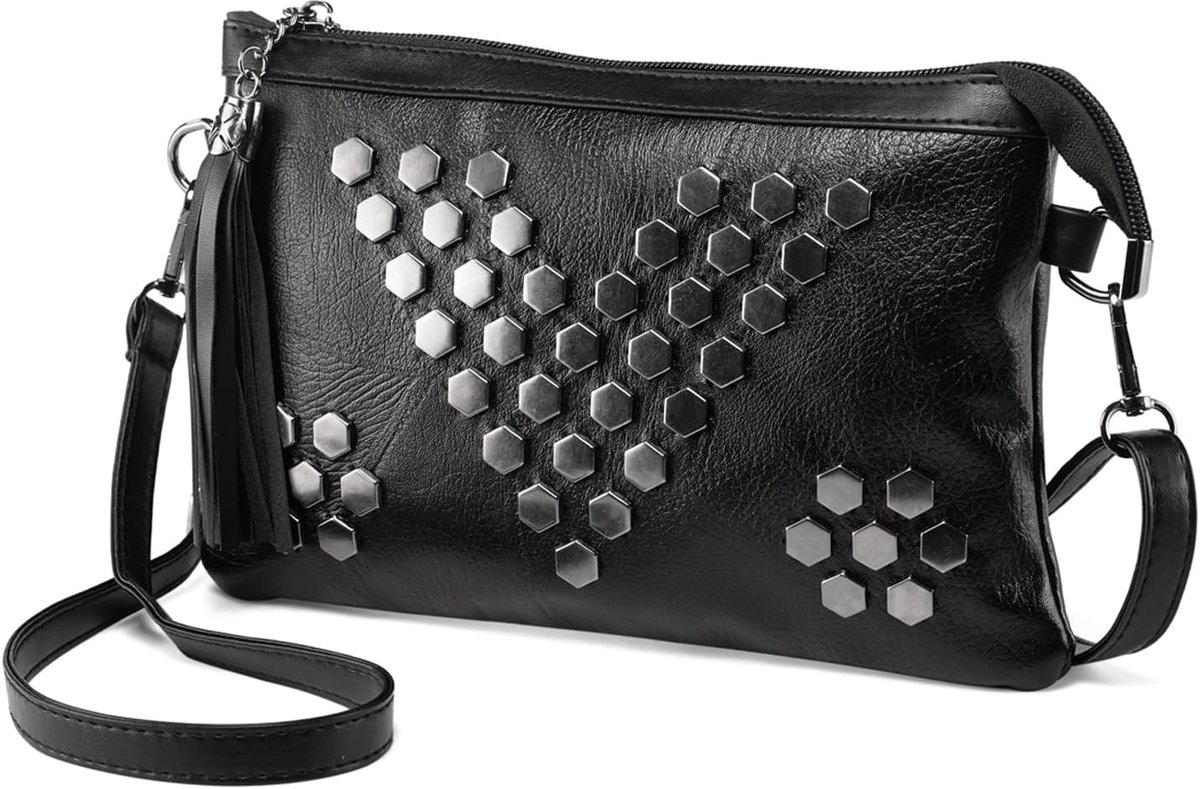 Schoudertas zwart leer - Studs - Avondtas met kwast - Perfect voor bruiloften - SnelShoppen
