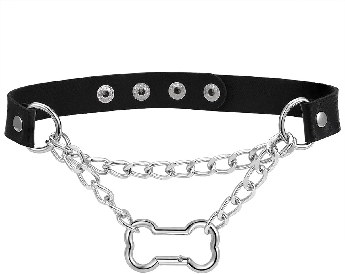 Choker leren halsband voor vrouwen - zilveren gothic bot hanger - verstelbare punk rock ketting - SnelShoppen