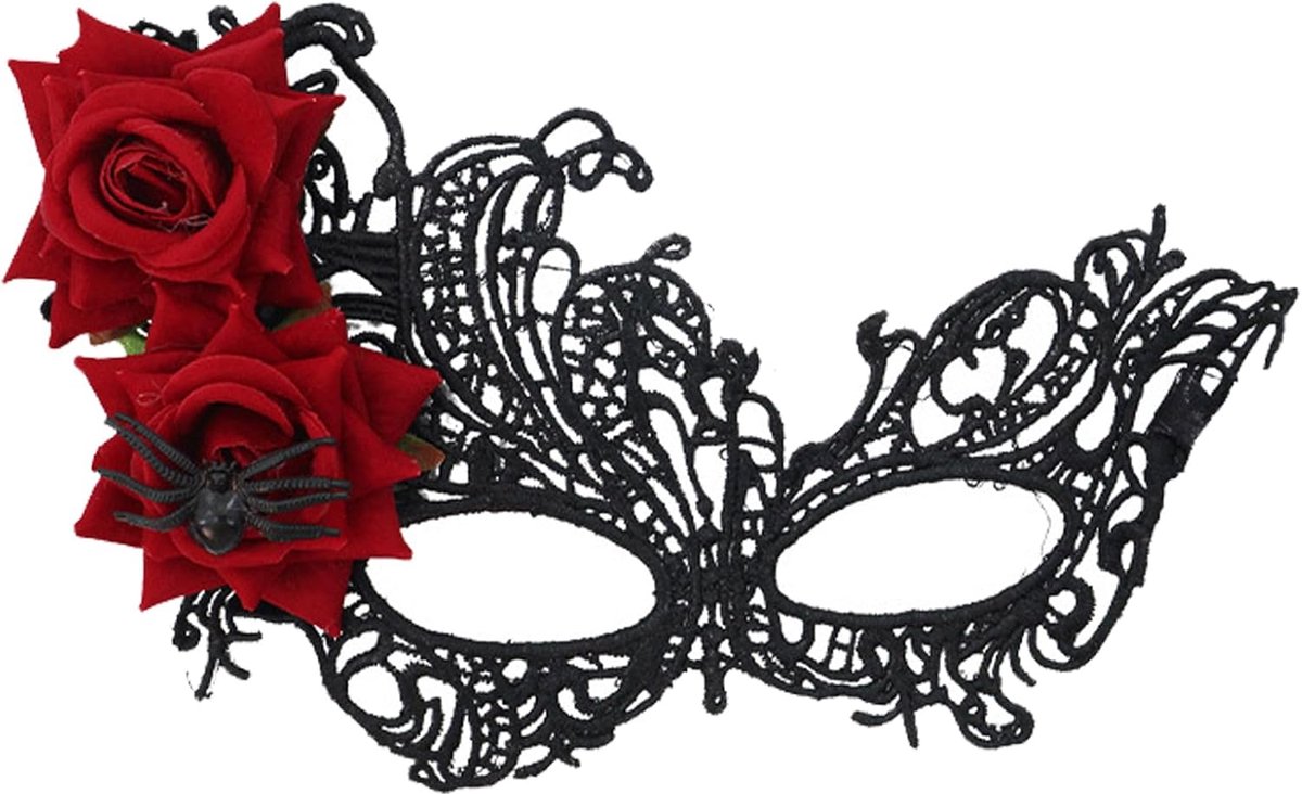 Venetiaans masker voor vrouwen - rode kant - met rozen en spinnen - perfect voor Halloween party - SnelShoppen